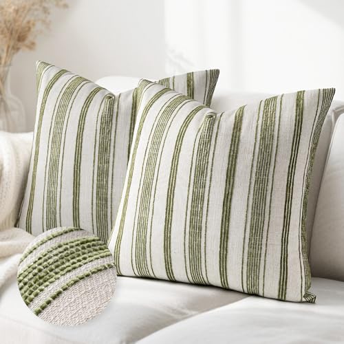 AELS 22x22 Decorative Farmhouse Linen Throw Pillow Covers, Beige with Olive Green Chenille Striped Pillow Case, Set of 2, Boho Textured Cushion Cover for Sofa Couch Living Room (Cover ONLY) - color: Beige With Olive Green, size: 22" x 22" (Pack of 2)