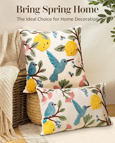 Embroidered Lumbar Pillow Cover 20x12 Inch, Bird Lemon - color: Bird Lemon, size: 20" x 12" (Pack of 1)