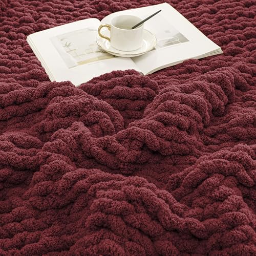WESHIONGOO Chunky Knit Blanket Throw for Couch Bed 40"×40" Burgundy Red - color: Burgundy Red, size: 40"x40"(Small Size Throw)