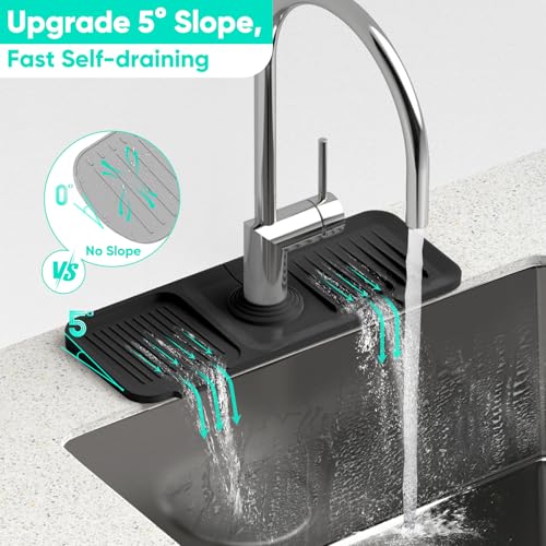 14.6'' Faucet Mat for Kitchen Sink [5°Slope Fast Self-draining] Kitchen Sink Splash Guard Silicone Kitchen Sink Faucet Mat Splash Guard for Kitchen Sink Area Tidy Splash Faucet Guard Draining Mat - color: Black, size: 14.6" x 5.5"