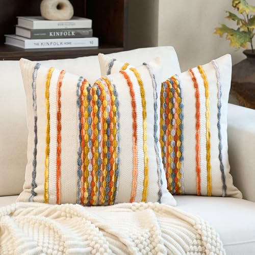 Aeckself Boho Pillow Covers 18x18 Inch Set of 2, Farmhouse Decorative Striped Square Chenille Tufted Accent Neutral Throw Pillow Covers for Living Room Couch Bed, Yellow Orange - color: Yellow Orange