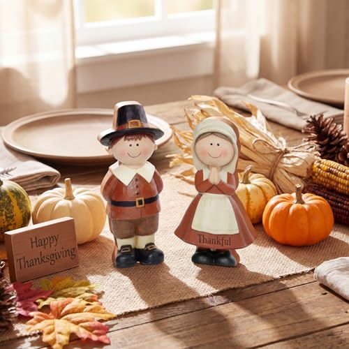 Yuntau 2 Pcs Thanksgiving Pilgrim Figurines Wooden Pilgrim Table Decoration Small Statue Table Centerpieces Indoor Gifts for Fall Thanksgiving Harvest Home Shelf Mantel Tiered Tray Desk Party Supplies - style: Thanksgiving Pilgrim