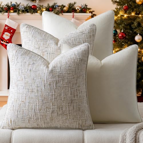 a moment Beige 4 Pack Throw Pillow Covers - Chenille & Velvet Set with Piping, Farmhouse Textured Design Cushion Cases for Couch Sofa Bed (18x18 Inch, No Insert) - color: Beige, size: 18" x 18" (Pack of 4)