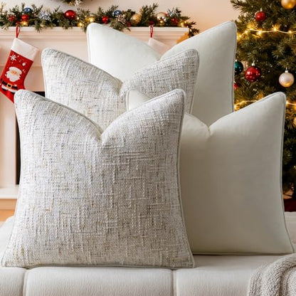 a moment Beige 4 Pack Throw Pillow Covers - Chenille & Velvet Set with Piping, Farmhouse Textured Design Cushion Cases for Couch Sofa Bed (18x18 Inch, No Insert) - color: Beige, size: 18" x 18" (Pack of 4)