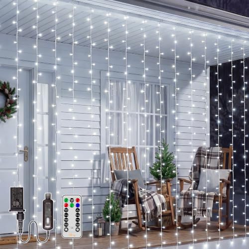 Ollny Curtain Lights 600 LED 19.7x9.8ft, Outdoor Waterproof String Lights for Backdrop, Fairy Light with Remote Timer 8 Modes, Plug in Christmas Light for Wall Wedding Patio Gazebo, Cool White - color: Cool White, size: 600 LED
