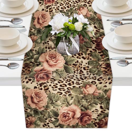 AUUXVA Table Runner Animal Tiger Leopard Print Rose Flower Durable Luxury Dresser Scarf Tabletop Cloth for Wedding Dining Table Holiday Party Kitchen Home Decoration 13x70in - color: Leopard Rose Flower, size: 13x70(in)