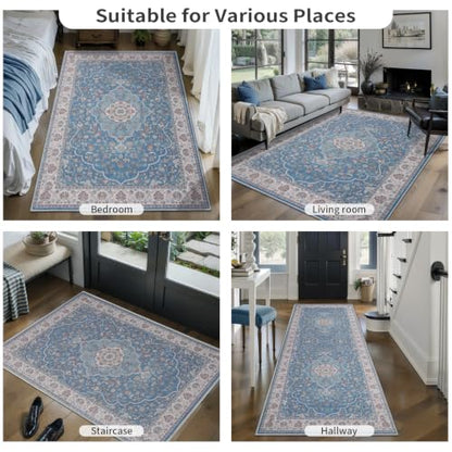 Tangsoo 4ft Round Area Rug for Bedroom,Blue Washable Non-Slip Circle Rug - color: Blue Beige Multi, size: 4x4ft