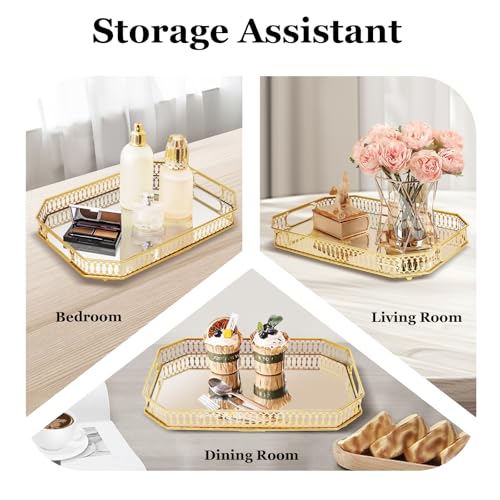 Serving Tray, Gold Perfume Tray 13.8"x9.6" Mirrored Vanity Tray Glass Metal Trinket Storage Tray Decorative Jewelry Tray for Dresser Bathroom Countertop (Rectangular) - size: 13.8" x 9.8" x 2"