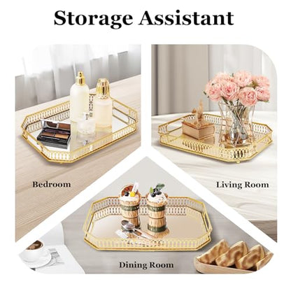 Serving Tray, Gold Perfume Tray 13.8"x9.6" Mirrored Vanity Tray Glass Metal Trinket Storage Tray Decorative Jewelry Tray for Dresser Bathroom Countertop (Rectangular) - size: 13.8" x 9.8" x 2"