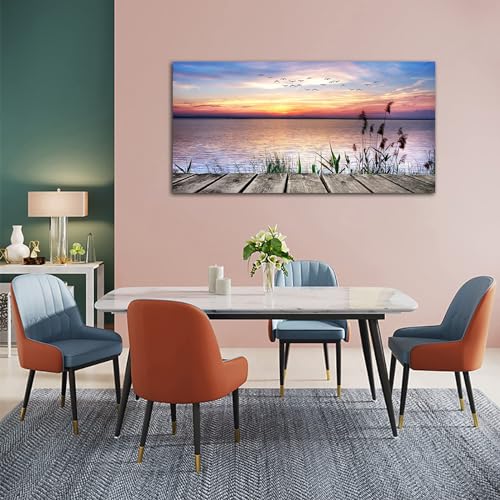 yearainn Sunset Lake Wall Art, Dock Reed Grass Flying Birds, 29" x 58" - color: Sunset Lake, size: 58"L x 29"W