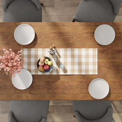 Encasa XO Table Runner, Woven Cotton Dining Linens 13"x36" Beige - color: Buffalo Beige Checks, size: 13x36 in