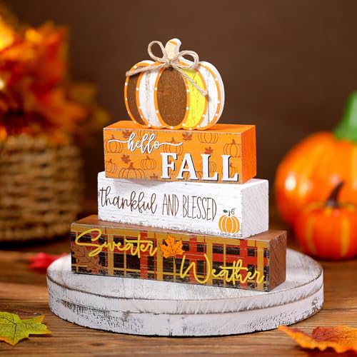 Geelin 4 Pcs Fall Pumpkin Wood Table Centerpiece Decor - style: Pumpkin