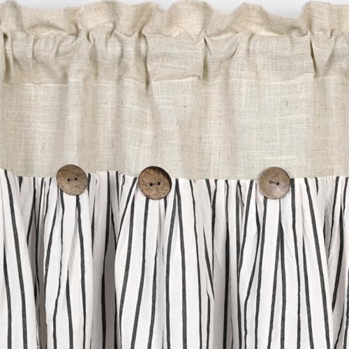 DOSLY Ides Farmhouse Rustic Linen Cotton Valance Curtain, Black Striped Pleated Design with Coconut Buttons, Multi-Room Window Treatment for Kitchen Living Room Bedroom, 52x18 Inch - color: Linen & Black Stripe, size: 52"W x 18"L (Pack of 1)