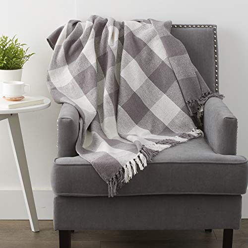 DII Buffalo Check Collection Rustic Farmhouse Throw Blanket with Tassles, 50x60, Gray/White - color: Gray/White, size: 50x60"
