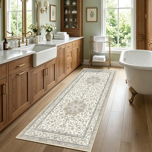 Arenarug Washable 2x6 Rug Runner for Hallway, Ivory Cream Beige Distressed Vintage Floral Non Slip Kitchen Rug, Soft Low Pile Carpet Runner for Laundry Room, Bathroom, Bedroom - color: Ivory / Pale Beige, size: 2' x 6' (Runner)