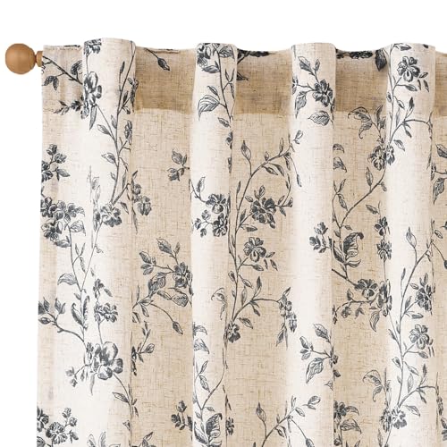 Lazzzy Black Vintage Floral Linen Curtains Farmhouse 38W X 63L 2 Panels - color: Black on Beige, size: 38"W x 63"L (Pack of 2)