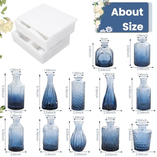 TBWIND 12Pcs Blue Glass Bud Vases Set, Small Vases for Flowers - color: Blue, size: 12Pcs
