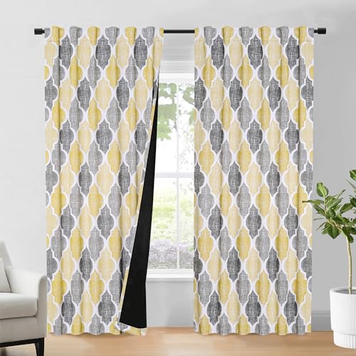 Beauoop Moroccan 100% Blackout Curtains Bedroom Yellow Grey 50x84 2 Panels - color: Rod Pocket | Yellow and Grey, size: 50"W x 84"L (Pack of 2)
