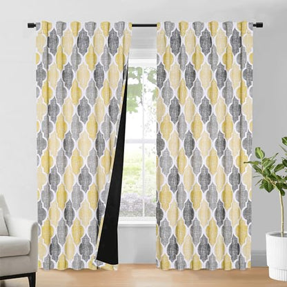 Beauoop Moroccan 100% Blackout Curtains Bedroom Yellow Grey 50x96 2 Panels - color: Rod Pocket | Yellow and Grey, size: 50"W x 96"L (Pack of 2)