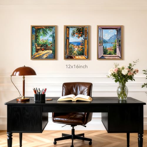 CAZLOUC Mediterranean Window View Wall Art Set of 3, Italian Coastal Balcony Wall Decor, Matisse Floral Landscape Prints, Sunny Garden Window Artwork for Living Room Bedroom Wood Framed 12x16 Inch - color: WindowView, size: 16"L x 12"W