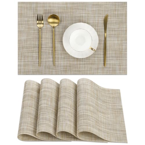 SHACOS Placemats Set of 4 Woven Vinyl Reversible Plastic Durable Place Mats Wipeable Stain Resistant Kitchen Dining Table Mats Indoor Outdoor Table Placemat, Beige - color: Beige, size: Set of 4