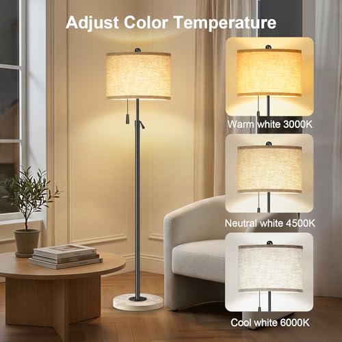 Floor Lamp for Living Room - Adjustable Height Standing Lamp with Marble Base & Linen Shade - Tall Pole Floor Light with 3 Color Temperatures Bulb for Bedroom, Reading - Easy Assembly - color: Black