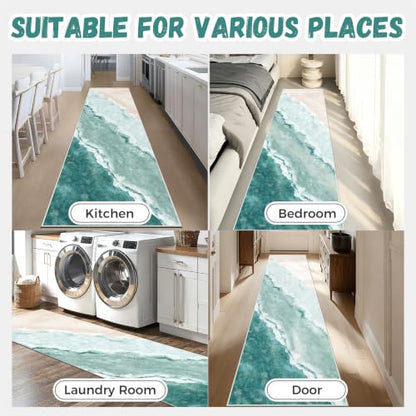 Beach Pattern 2x8ft Runner Rug Non Slip Washable Kitchen Runner Rug with Rubber Backing，Low-Pile Soft Washable Runner Rugs for Hallway Entryway Kitchen Bedroom Living Room Bathroom Teal - color: Teal Beach, size: 2' x 8' (Rug)