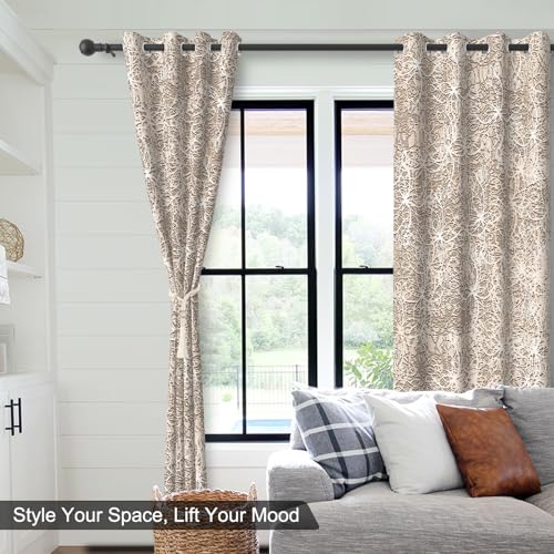 Abstract Floral Patterned Blackout Curtains for Bedroom and Living Room, Farmhouse Summer Thermal Insulated Curtains 84 Inch Length 2 Panels Set, Room Darkening Soundproof Curtains with Two Tiebacks - color: Beige Line Floral