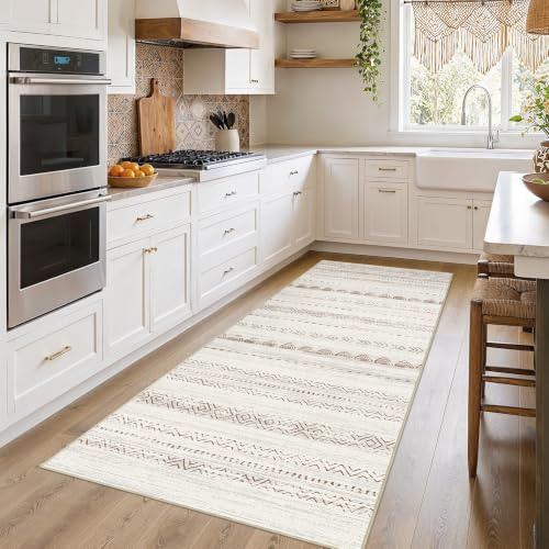 Nakagishi Runner Rug Kitchen Washable Rugs: 3x8 Non-Slip Boho Soft Modern Stain Resistant Indoor Floor Neutral Farmhouse Throw Carpet for Hallway Bathroom Laundry Room Entryway Bedroom- Brown - color: Beige Brown, size: 3' X 8' (Runner)