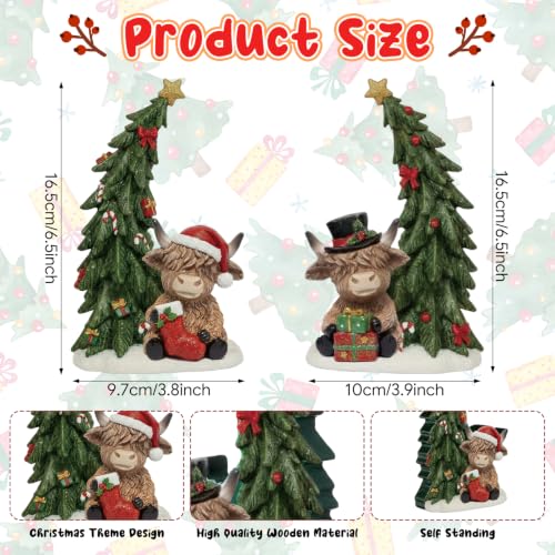 Yuntau 2 Pcs Christmas Highland Cow Figurines Decor Wooden Highland Cows Statues with Christmas Tree Table Ornament Gift for Home Decor Xmas Party Supplies Decoration - style: Christmas Highland Cow