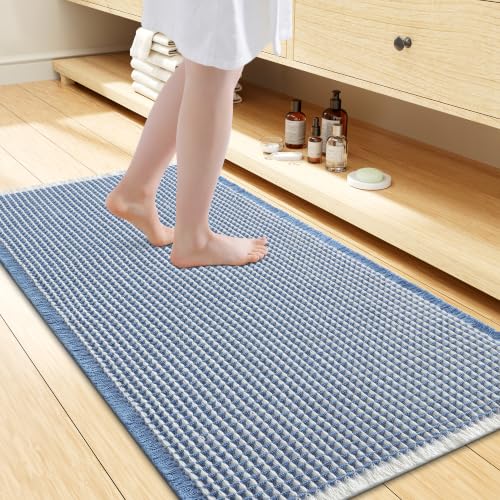 Smiry Waffle Bath Mat 44X24, Soft Absorbent Bathroom Rugs, Blue & Cream - color: Blue & Cream, size: 44'' X 24''