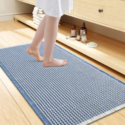 Smiry Waffle Bath Mat 44X24, Soft Absorbent Bathroom Rugs, Blue & Cream - color: Blue & Cream, size: 44'' X 24''