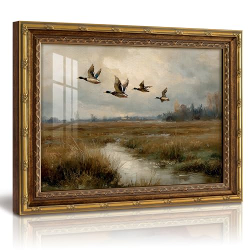 InSimSea Vintage Gold Framed Wall Art, Flying Mallard Duck Picture, 13x16In | Autumn Landscape Animal Artwork with Glass, Rustic Farmhouse Decor for Living Room Bedroom Nursery Hallway - color: Flying Duck, size: 16"L x 13"W
