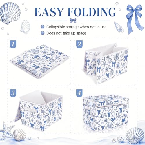 Briwooody Beach Storage Bin with Lid and Carrying Handle Coastal Blue Bow Seashell Foldable Storage Box Summer Bachelorette Party Decorative Collapsible Container Basket for Closet Home Bedroom Gift - style: Blue Bow Seashell