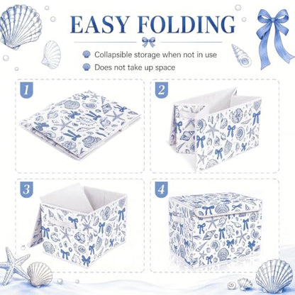 Briwooody Beach Storage Bin with Lid and Carrying Handle Coastal Blue Bow Seashell Foldable Storage Box Summer Bachelorette Party Decorative Collapsible Container Basket for Closet Home Bedroom Gift - style: Blue Bow Seashell