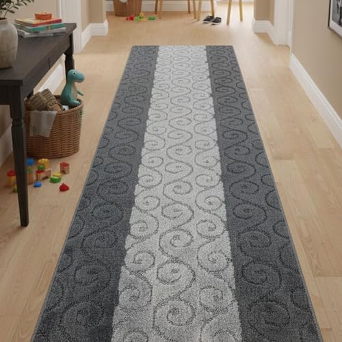 REMNAZ Custom Size Hallway Runner Rug, Scroll Grey, 31 in x 6 ft - color: Scroll / Grey, size: 31 inch Width X 6 Feet Length