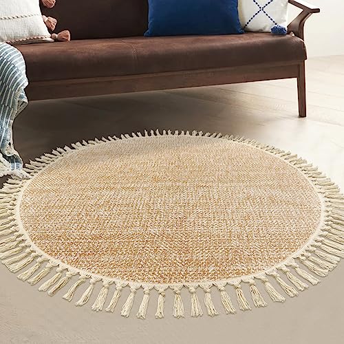 Collive Hand Woven Circle Area Rug, Soft Hand Woven Cotton Washable Carpet - color: Tan/Cream, size: 4' (Round)