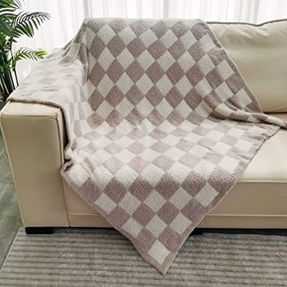 Ultra Soft Checkered Blanket Cream Cozy Buffalo Check Throw Fluffy Knitted Reversible Throw Blanket Lightweight Fleece Checkerboard Grid Blanket for Sofa Couch Bed Travel, Taupe/White, 51''x63'' - color: Taupe/White