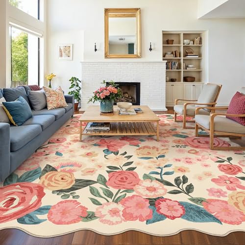 PureCozy Washable Floral Area Rug 8x10 for Living Room Vintage Beige Carpet - color: Scalloped Beige, size: 8' x 10' (Rectangular)
