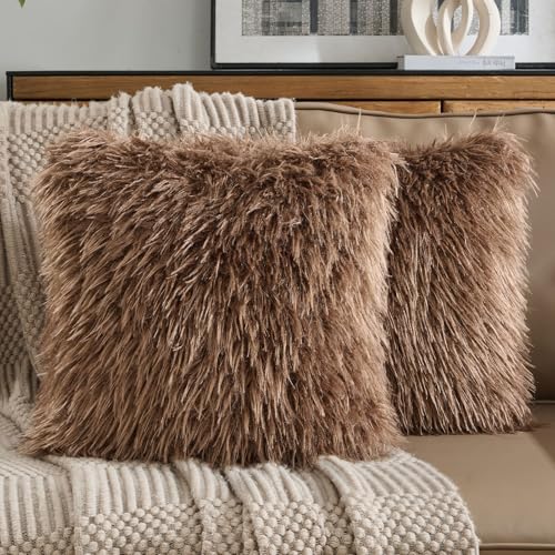 FUTEI Pack of 2 Faux Wool Throw Pillow Covers 18x18 Inch, Dark Brown - color: Dark Brown