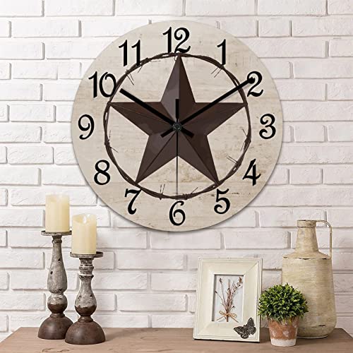Round Farmhouse Wall Clock Western Texas Star Classic Style Wood Clock Silent Non-ticking Battery Operated Easy to Read Antique Wall Hanging Desk Clock for Living Room Kitchen Farmhouse 12 Inch - color: Style, size: 12in