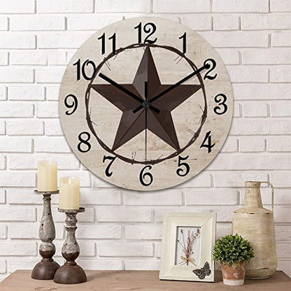Round Farmhouse Wall Clock Western Texas Star Classic Style Wood Clock Silent Non-ticking Battery Operated Easy to Read Antique Wall Hanging Desk Clock for Living Room Kitchen Farmhouse 12 Inch - color: Style, size: 12in