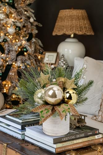 Hollyone Small Christmas Table Centerpiece 10' Artificial Mini Tabletop Christmas Potted Plant with Gold Ball Ornaments for Home Office Arrangement Centerpieces Indoor - color: Style 3