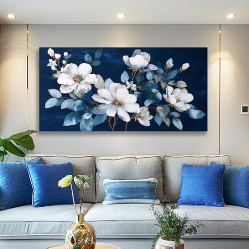 JLXART Framed Large Flower Canvas Wall Art Modern White Floral with Blue Background Print for Bedroom Living Room Office Home Decor,20X40inch - color: White, size: 40"L x 20"W