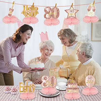 Turypaty Pink Rose Gold 80th Birthday Honeycomb Centerpieces Decorations for Women, 9Pcs Happy 80th Birthday Table Centerpieces Party Supplies, Eightieth Year Old Birthday Table Toppers Decor - style: Pink Rose Gold 80th