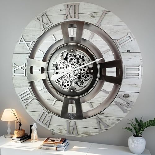 ImprovingLife The Gears Clock Real Moving Gear Wall Clock England Line (White Farmhouse, 24 inches (60 cm)) - color: White Farmhouse, size: 24 inches (60 cm)