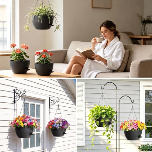 8 Inch Self Watering Hanging Planters Set of 3 with Saucers - color: Black, size: 8 Inch 3 Pack