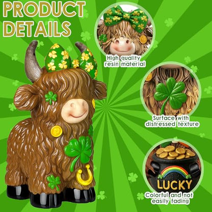 2 Pack Resin St. Patrick's Day Highland Cow Decor Gifts - style: St. Patrick’s Day