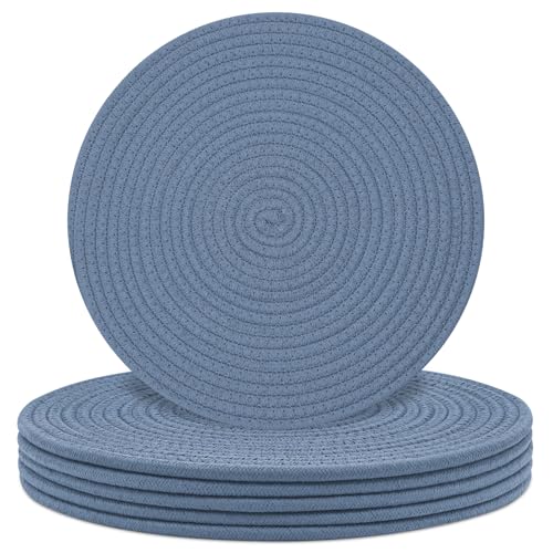 Round Placemats Set of 6, Cotton Rope Woven Table Mats, Hot Pads for Kitchen, Non Slip Heat Resistant Place Mats, 13 Inches Braided Placemat for Farmhouse Decor and Kitchen Table Decor (Blue) - color: Blue