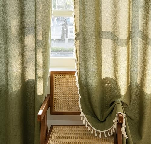 Sutuo Home Boho Curtains for Living Room 96 Inches Long, Bohemian Linen Textured Curtains with Tassels, Semi Blackout Farmhouse Drapes, Rod Pocket Window Treatments 2 Panels, 52" x 96", Olive Green - color: Olive Green Linen, size: 52"W x 96"L (Pack of 2)